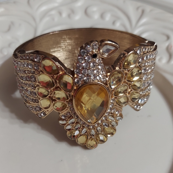 Textured Golden Eagle Hinged Cuff/Faceted Cut Crystal & Pave' Bracelet - Picture 4 of 8